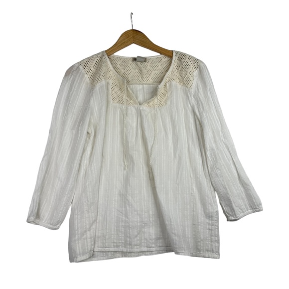 Lucky Brand women's 3/4 sleeve crochet top tie neck eyelet peasant boho blouse M - Picture 1 of 5